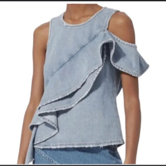 Jonathan Simkhai Denim Ruffle Blouse Size 6 - Picture 1 of 5